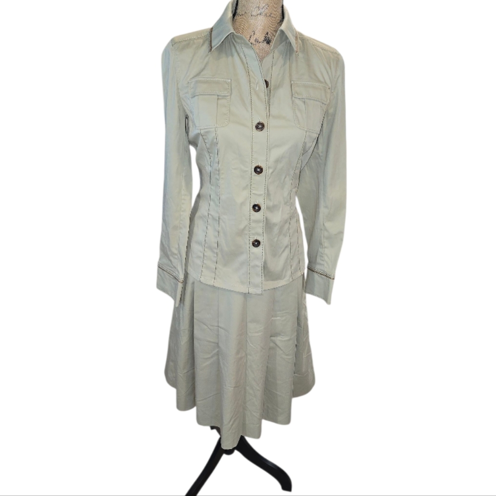 Elie Tahari Vintage Style Skirt Suit Tan Dress & Jacket‎ Set Ladies Career